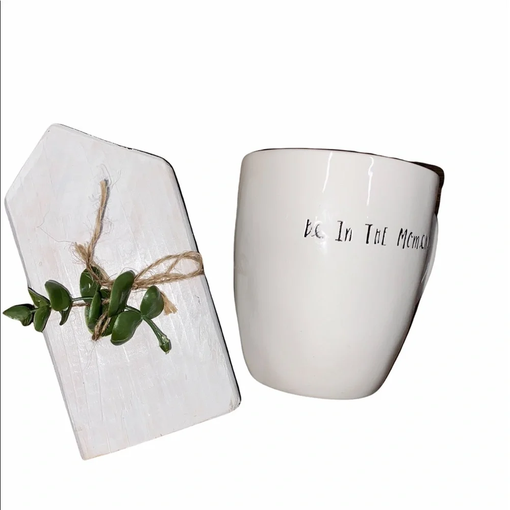 Rae Dunn Be in the moment ceramic coffee mug and farmhouse wooden house decor